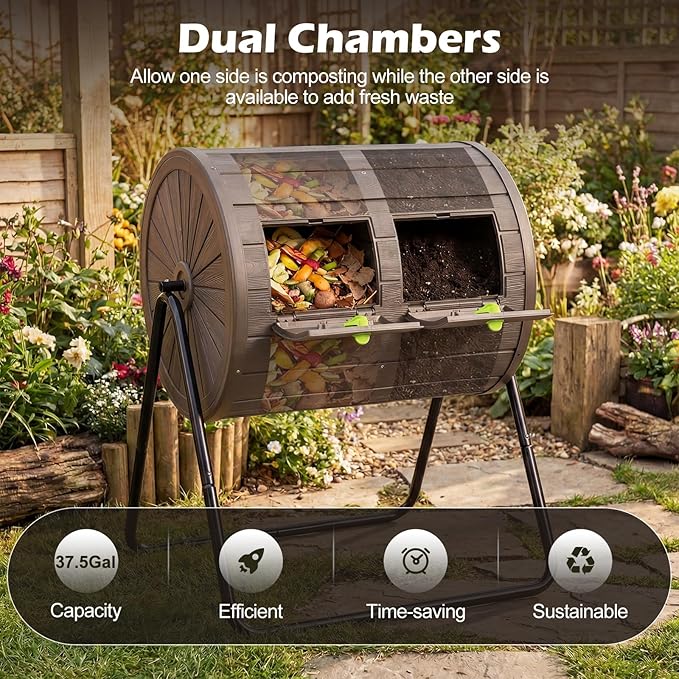 Goplus Compost Tumbler 37.5 Gallon Large Outdoor Compost Bin w/Dual Chambers 2 Lockable Doors Efficient 360° Rotating Batch Composter for Garden Yard Farm Waste Easy Assembly BPA-Free (Coffee)