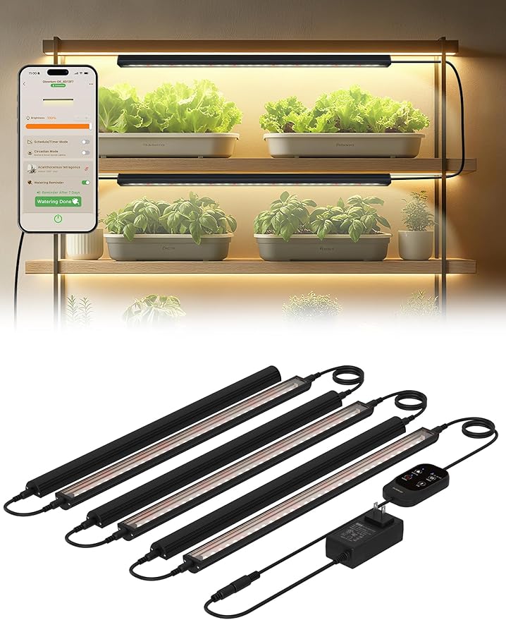 Smart Grow Light for Indoor Plants3500K Full Spectrum LED Plant Light Strips with 3/9/12H Auto TimerStepless DimmingModular DesignPlug and Play (Black 6 Pack 48W)