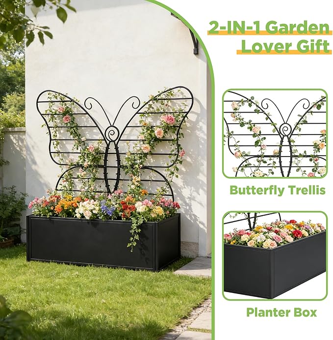 Metal Planter Box with Trellis Metal Raised Garden Bed with Drainage Holes Butterfly-Shaped Planters for Outdoor Garden Box for Climbing Plants Vegetables and Vines (Black)