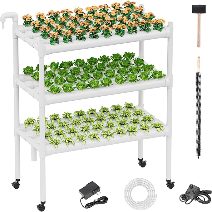 SPECILITE Hydroponics Growing System with Wheels 3-Tier 108 Plant Sites Food-Grade PVC-U Pipes Gardening kit for Leafy Vegetables Lettuce Herbs Water Pump Indoor Outdoor