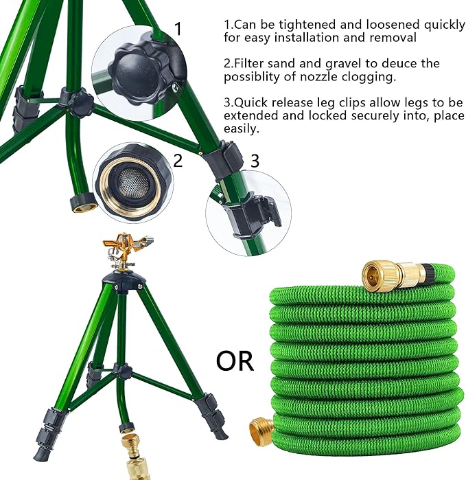 Hourleey Impact Sprinkler on Tripod Base 2 Pack Heavy Duty Sprinklers for Lawn Yard Garden 0-360 Degree Large Area Coverage 3/4 Inch Connector Extension Legs Flip Locks with Brass Head