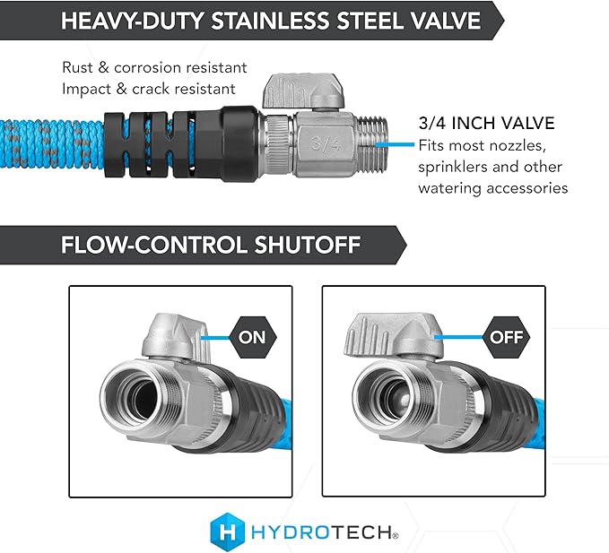 HydroTech 25 ft Expandable Garden Hose - Pro Series 2x Max Flow 3/4 No-Kink Flexibility Lightweight Hose for Lawn Garden Car Washing Deck and Patio Cleaning