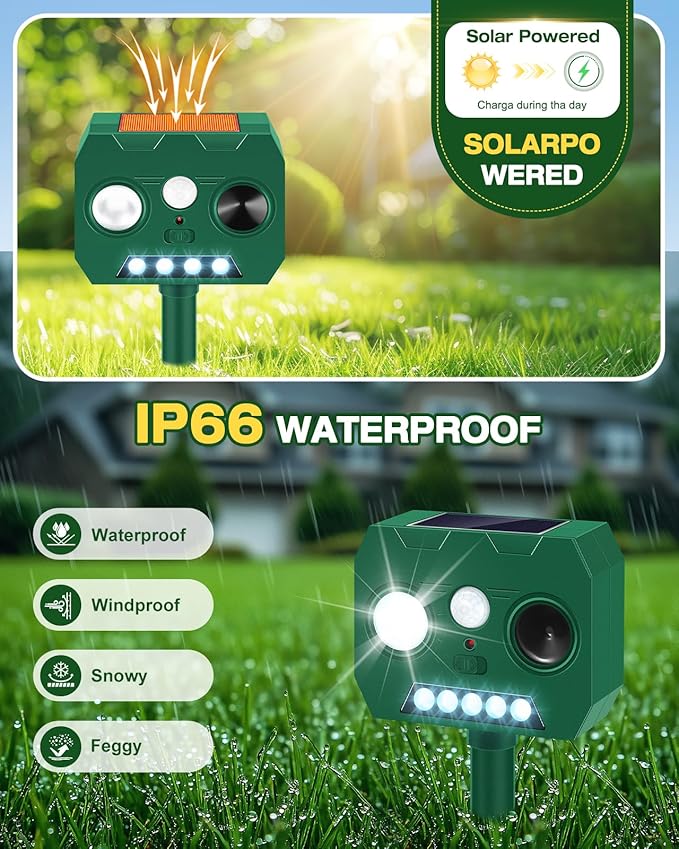 Solar Ultrasonic Animal Repellent Outdoor 2 Pack Cat Repellent Outdoor Deer Repellent Devices with PIR Motion Sensor ＆ LED Flash Waterproof Squirrel Repeller Cat Raccoons Rabbits Deer Skunk