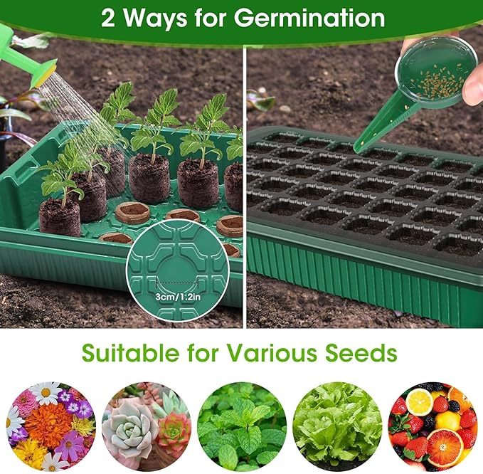 MQUPIN 80-Cell Seed Starter Tray with Grow Light 2-Pack Adjustable Brightness Seed Starter Kit with Humidity DomeSmart TimerWatering SprayerSeederPlant Germination Kit for Seeds Growing