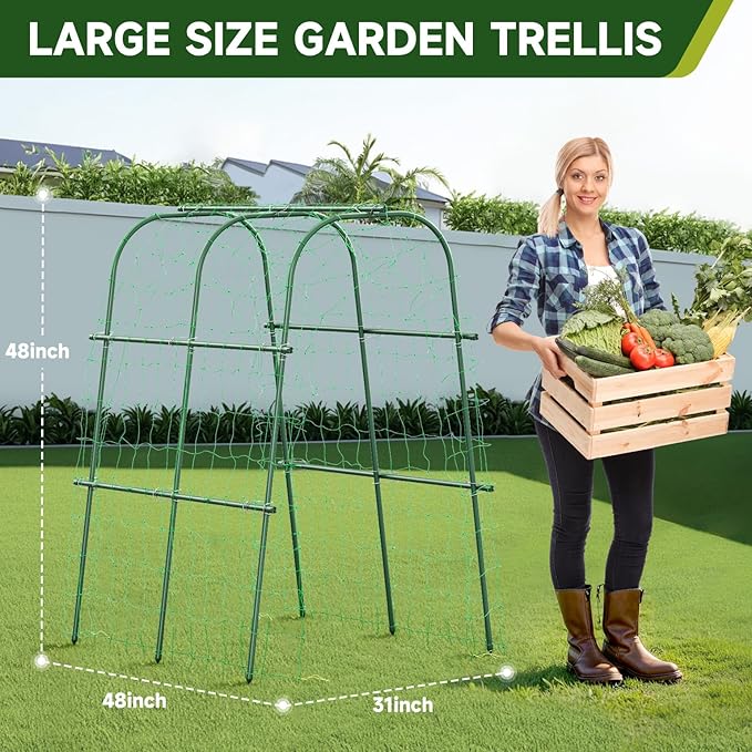 HIRALIY Cucumber Trellis for Climbing Plants Outdoor 4ft Tall Heavy Duty Metal Garden Arch Trellis Rustproof Plant Support Tunnel for Tomato Grape Bean Raised Bed and Vegetable Gardens Green