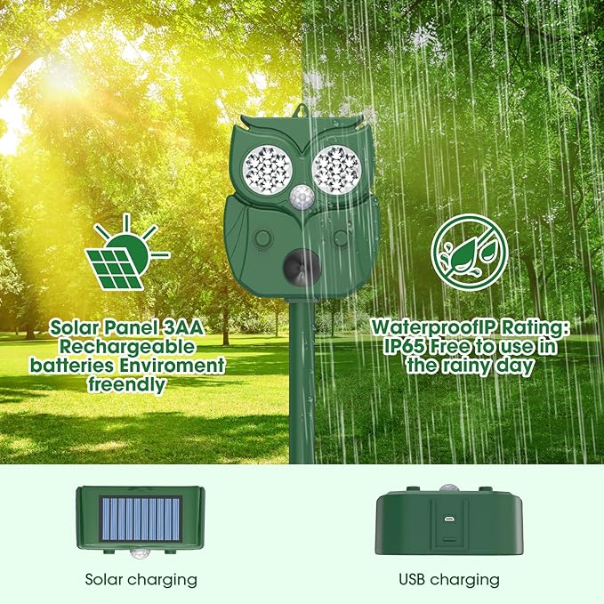 Animal Repellent Raccoon Repellent Ultrasonic Waterproof Motion Detection LED Flash Light Animal Repellent Ultrasonic Outdoor for Dogs Fox Rabbit Squirrels Coyote Deer Repellent