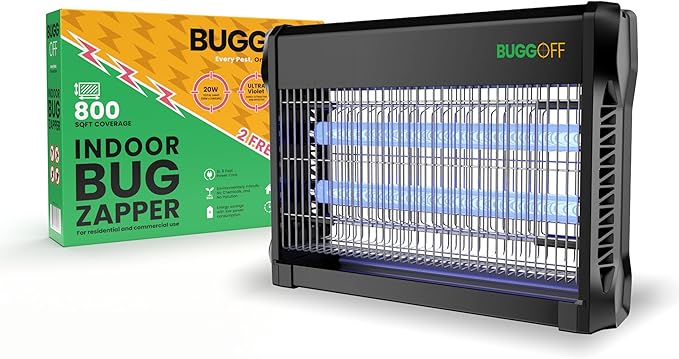 BUGGOFF Black Modern Indoor Electric Bug Zapper 800 SQFT Coverage 3500 Volts of Stunning Power 20 Watts Kills Mosquitos Gnats Flys &amp More. 5 Year Warranty X2 Free Replacment Bulb (4 Pack)