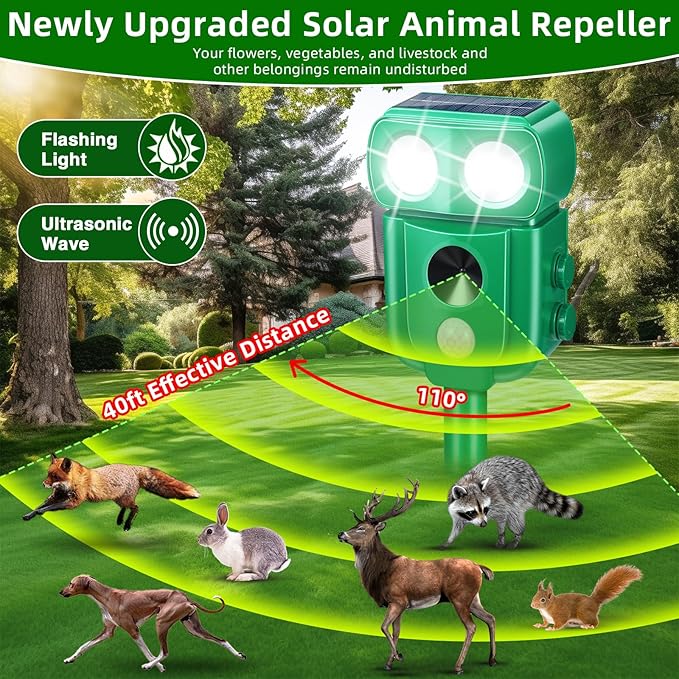 Solar Animal Repellent OutdoorCat Repellent Outdoor Rabbit Squirrel Dog Deer Repellent Devices Raccoon Fox Skunk Deer Deterrents with Motion Detection &amp LED Light for Yard Farm Garden (4 Green)