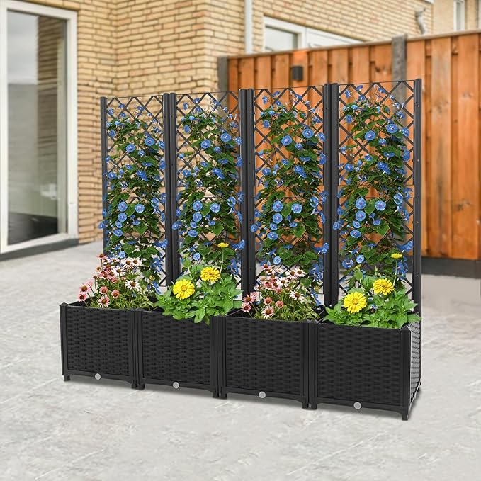 4pcs Planter Box with Trellis Privacy Screen 56H Plastic Raised Garden Bed with Trellis Outdoor Flower Standing Planter with Drainage Hole Privacy Garden Box for Climbing Plants (Dark Black)