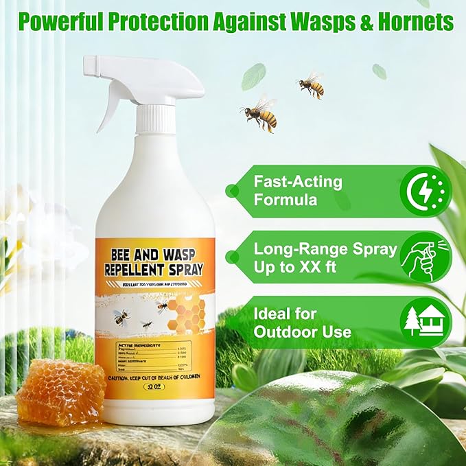 Wasp Repellent Spray - Bee Spray with 100% Safe &amp Natural Protection with Long-Lasting FormulaHornet Spray Fresh &amp Energizing Scents for Outdoor &amp Home