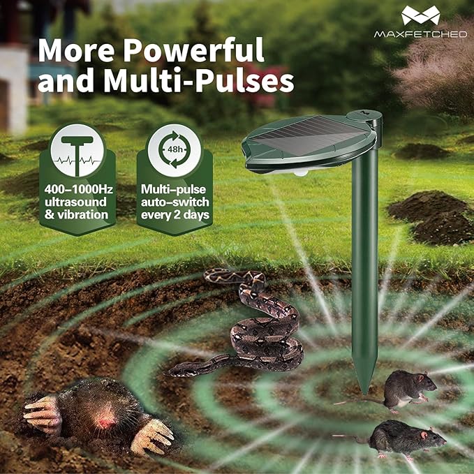 Solar Snake Repellent Ultrasonic Outdoor with LED Light Sonic Mole Repeller Solar-Powered Snake Mole Vole Gopher Away for Lawn Yard 4PK