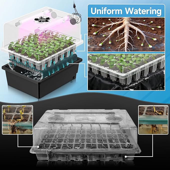 Hon&ampGuan 2 Pack Seed Starting Kit - 30 Cell Seed Starter Tray with Higher 5.3” Humidity Dome LED Growing Lights and 10x20.75 Seedling Heat Mat Adjustable Vents - Germination &amp Plant Propag