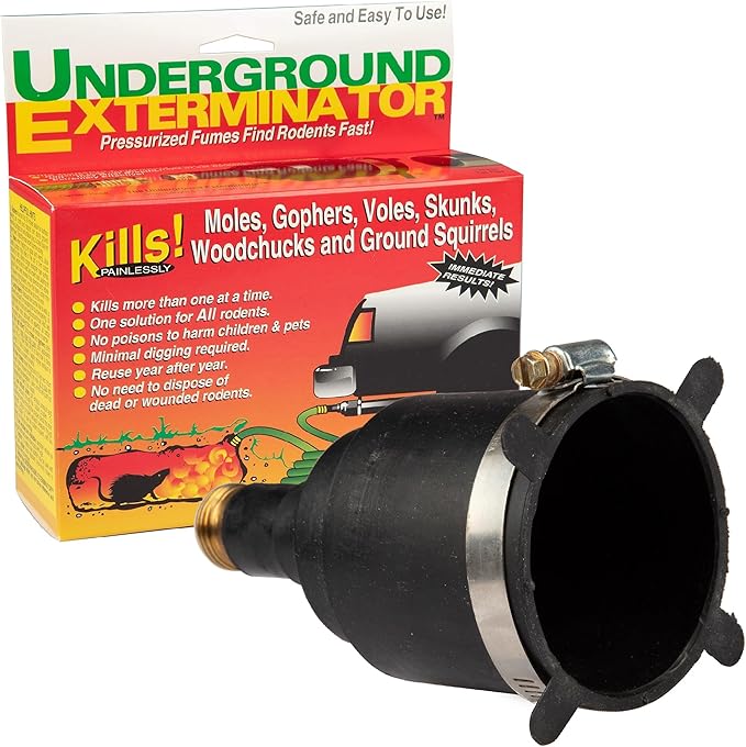 Underground Exterminator Pest Control Reusable Exhaust Pipe Attachment- Exterminates Gophers Moles Skunks Voles and All Outdoor Underground Pests Humanely with Exhaust from Cars