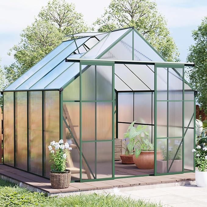 8x8 Greenhouse for Outdoor with Double Door and Adjustable Roof Walk-in Polycarbonate Gardening Green House with Raised Base and Anchor Drainage System for Backyard Lawn Green
