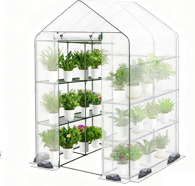 Walk-in Greenhouse 48 x 73 x 75 Inch Outdoor Plant Green House with 3 Tiers 12 Shelves Heavy Duty Steel Frame &amp Thicken PE Cover Portable Greenhouses for Balcony Patio Deck Gardening