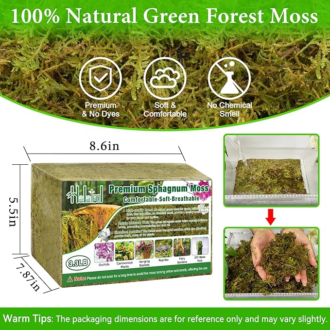 Halatool 3.3LB Green Forest Natural Sphagnum Moss for Plants - Fluffy Orchid Moss for Repotting Dried Plant Moss for Indoor &amp Outdoor Potted Plants