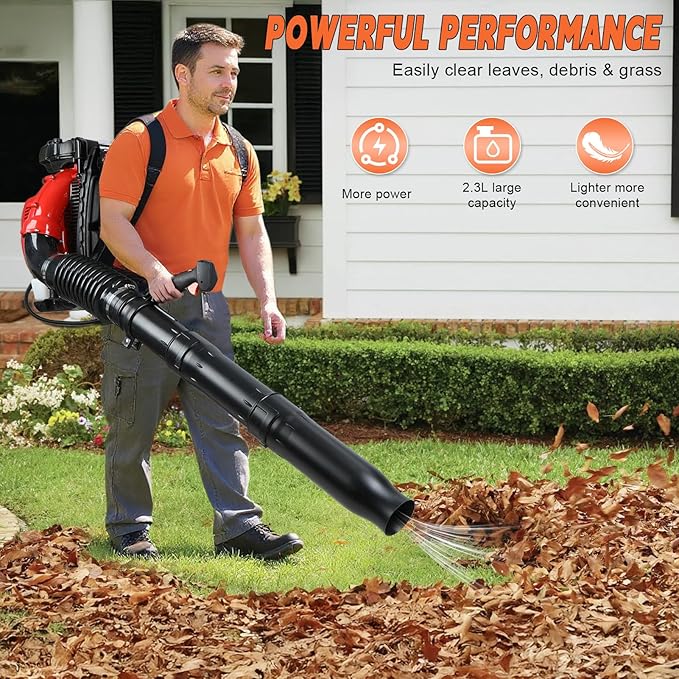Gas Powered Backpack Leaf Blower 75.6cc 2-Stroke 850 CFM Airflow &amp 200 MPH Wind Speed Yard Blower for Leaves Snow &amp Outdoor Cleanup