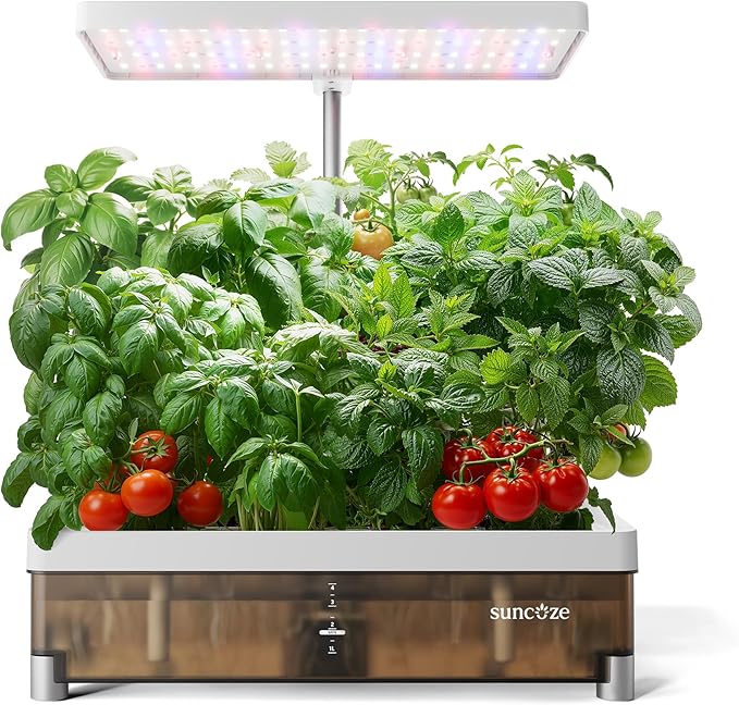 SUNCOZE Hydroponics Growing System Kit 13 Pods Indoor Garden with Dimmable Grow Light 4L Visible Water Tank with Adjustable Height to 12.8Digital Timer &amp Water/Nutrient Reminder Gardening Gif