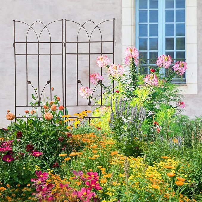 2 Pack Metal Garden Trellis 71 x 17.7 Rustproof Trellis with Pre-drilled and Pre-cuts for Climbing Plants and Outdoor Flower Support (Brown)