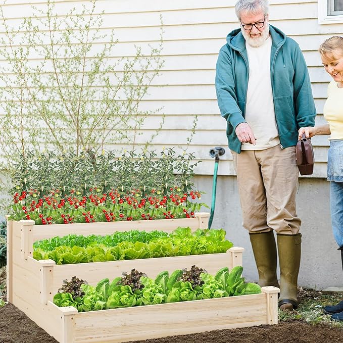 3-Tier Raised Garden Beds Outdoor Fir Wood Raised Garden Bed Planter Box Flower Bed Wooden Planter Kit for Gardening Vegetable &amp Herb