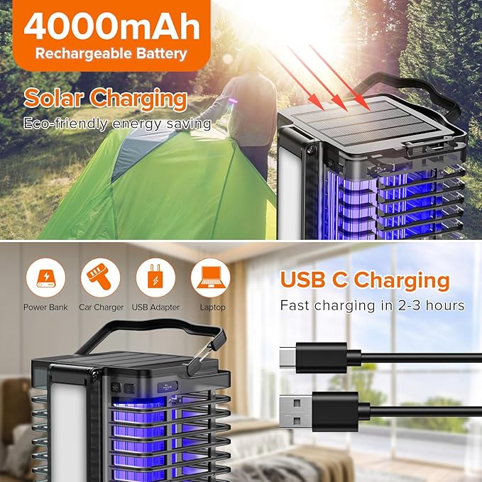 Bug Zapper Outdoor Indoor 4200V Electric Mosquito Zapper with LED Reading Lamp Rechargeable Fly Zapper Waterproof Insect Trap for Home Backyard Garden Patio Camping Black