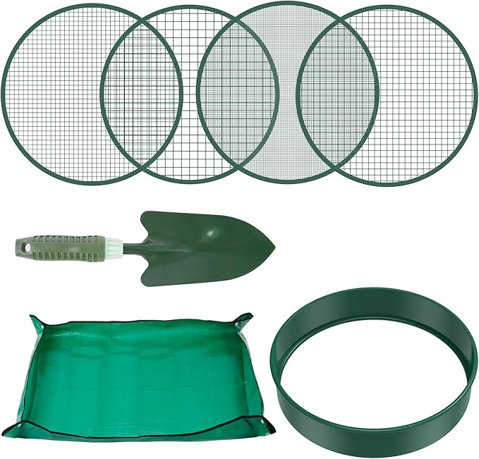 Soil Sifter for Gardening 12 Inch Dirt Garden Sieve Soil Sifter with 4 Replaceable Fine Screens and Shovel and Soil Replacement Pad Rock Sieve Sifter Soil Sieve Sifter Set Sifting Pan