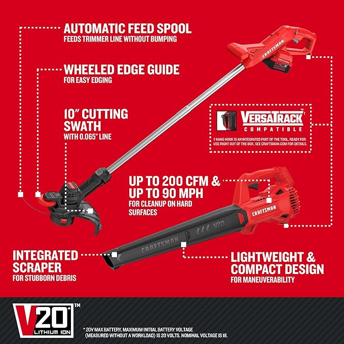 CRAFTSMAN V20 Cordless String Trimmer/Edger and Leaf Blower Combo with 4.0 Ah Battery and Charger Wide Cut Weedwacker 90 MPH Blower Lightweight (CMCK279M1)