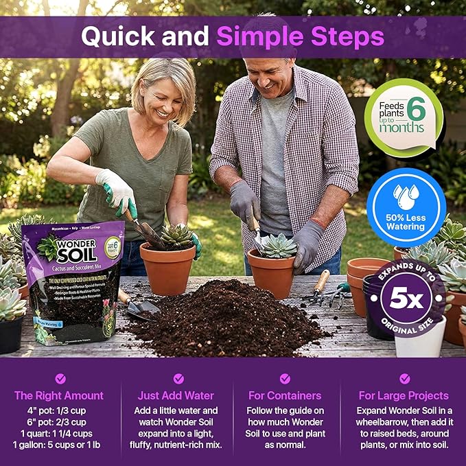 WONDER SOIL | Organic Cactus &amp Succulent Soil Mix (12 Quarts) | Fast Draining Living Coco Coir Loaded w/Nutrients | Ready to Plant Indoor/Outdoor Peat-Free Potting Soil | 3 LB Expands to 12 Quarts