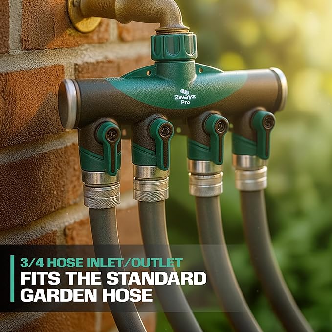 Garden Hose Splitter 4 Way - Heavy Duty Water Hose Manifold with Shut-Off Valves - Outdoor Faucet Divider and Spigot Connector for Garden Lawn or Patio Use - Durable Brass Pipe Splitter - Classic