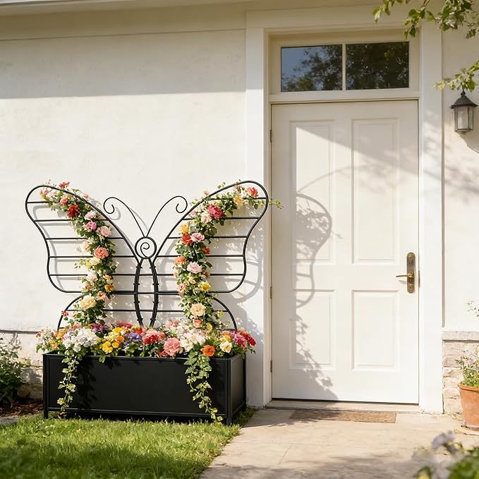 Metal Planter Box with Trellis Metal Raised Garden Bed with Drainage Holes Butterfly-Shaped Planters for Outdoor Garden Box for Climbing Plants Vegetables and Vines (Black)
