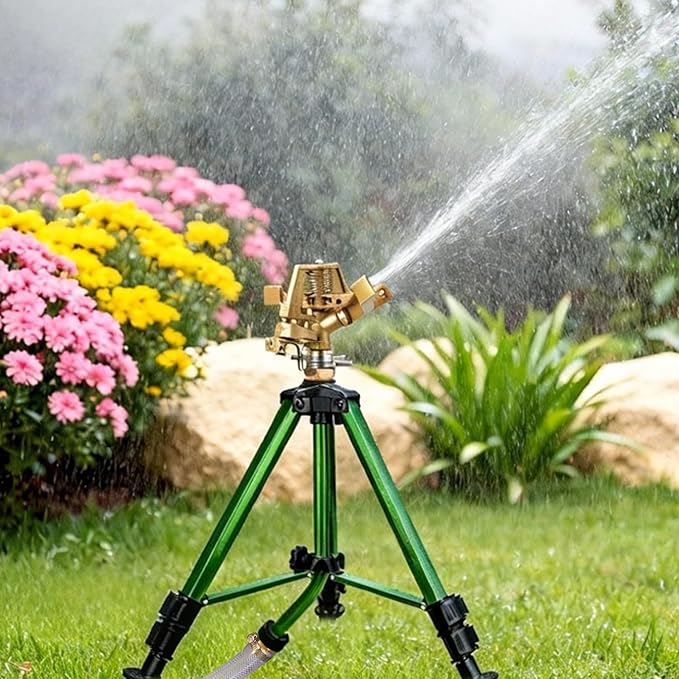 Impact Sprinkler on Tripod Base 360° Adjustable Brass Sprinkler Head with Stakes Heavy Duty Metal Tripod Lawn Sprinkler for Large Area Lawn Yard &amp Garden Irrigation 1 Pack