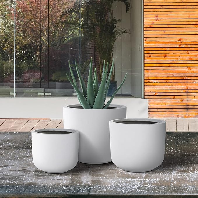 Kante 13119 Dia Pure White Concrete Round Planters (Set of 3) Outdoor Indoor Modern Planter Pots Lightweight Weather Resistant Seamless with Drainage Hole