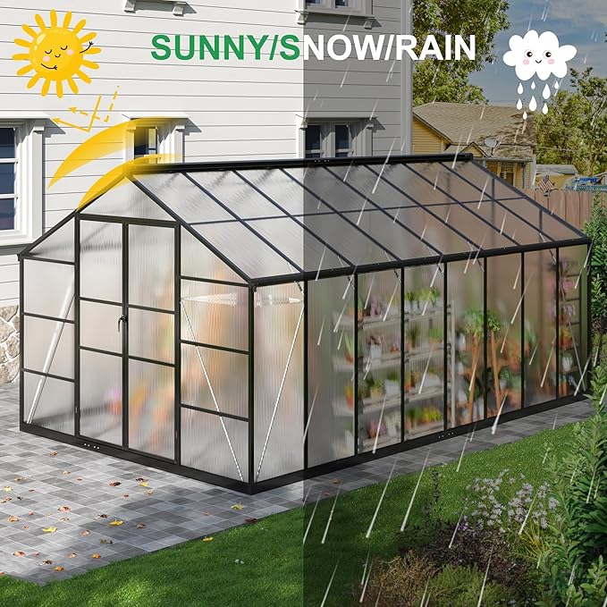WKM 10x16 FT Greenhouse for Outdoors Walk-in Polycarbonate Greenhouse with Roof Vent and Quick Setup Structure Heavy Duty Green House for Outside Garden Backyard Black