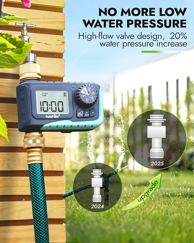 RAINPOINT Sprinkler Timer with Brass Inlet &amp Outlet Programmable Hose Timer for Garden Soaker Hose with Rain Delay/Manual Watering System Digital Drip Irrigation for Yard Lawn(2PCS)