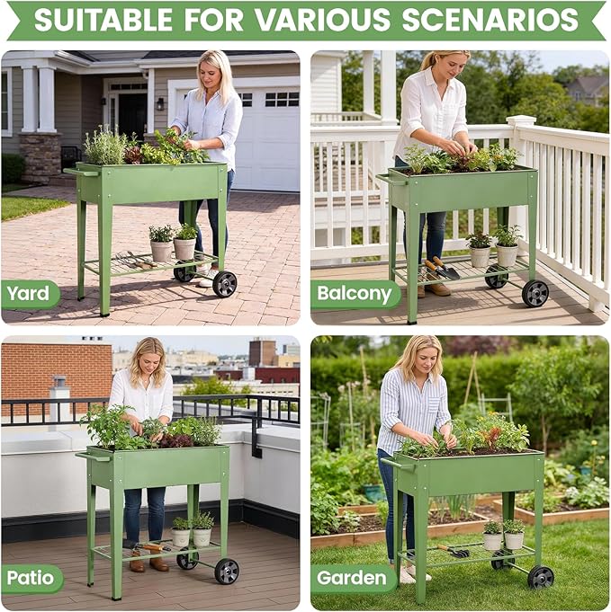 Tall Raised Garden Bed Outdoor with Wheels Metal Elevated Raised Planter Box with Drainage Holes for Vegetables Flower Herbs(Green)