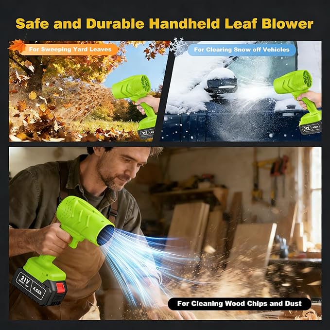 Electric Leaf Blower Handheld Car Vacuum Cleaner Wind Speed Cordless Battery Blower with 2 Rechargeable Batteries and Charger Powered Handheld Blower Leaf for Yard Leaf &amp Snow Removal(Lime)