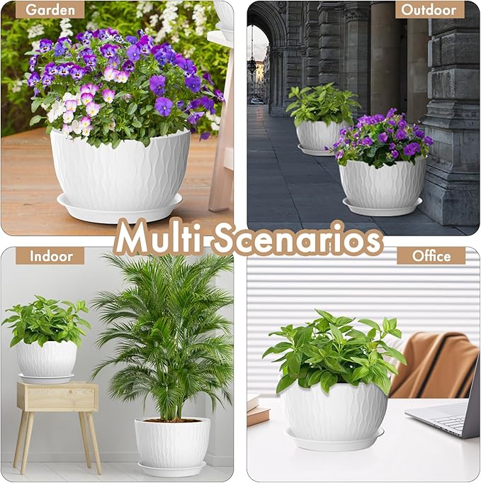 12 Inch Large Plant Pots for Indoor or Outdoor Plants Wide Water Ripples Flower Pots with Drainage Holes &amp Saucer Plastic Planters Set for Garden &amp Home Decor (White)