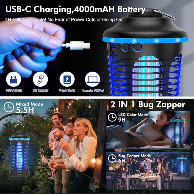 Rechargeable Bug Zapper Outdoor &amp Indoor Mosquito Zapper Fruit Fly Trap Gnat Moths Catcher 4200V Grid USB Charging 4000mAh Battery Fit for Home Kitchen Backyard Camping Patio Black