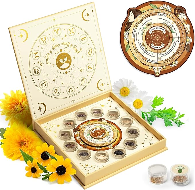 LUSH&ampDEW Zodiac Garden Seed Bank 12 Varieties Non-GMO USA-Sourced Heirloom Herb Flower Seeds with Moon Calendar Gardening Gift for Women Men Witchcraft Supplies Earth Sign (Taurus Virgo Capric