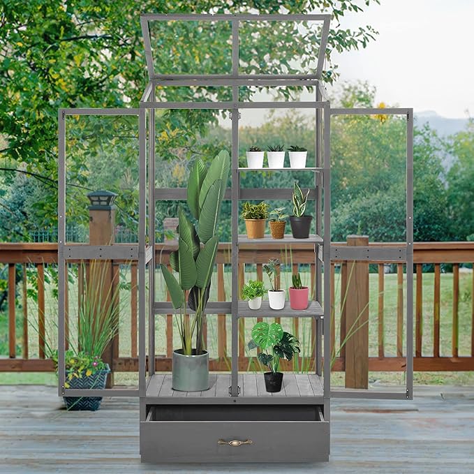 Macrout Cold Frame Greenhouse Tall Wooden Greenhouse for Outdoor Indoor Use with Polycarbonate Panels 3 Tier Garden Cold Frame with Drawer and Shelves 0864 (Dark Grey)