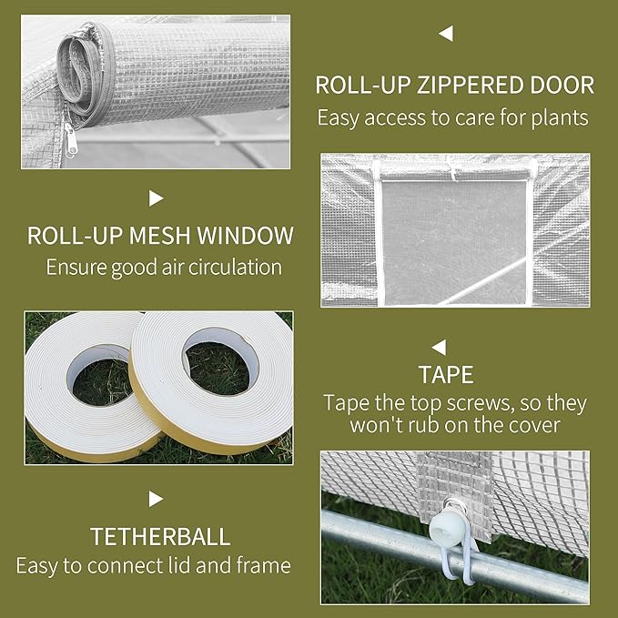 Outsunny 20' x 10' x 7' Walk-in Greenhouse Tunnel Green House with Galvanized Steel Frame Hoop House Kit with Zippered Door and 6 Windows White
