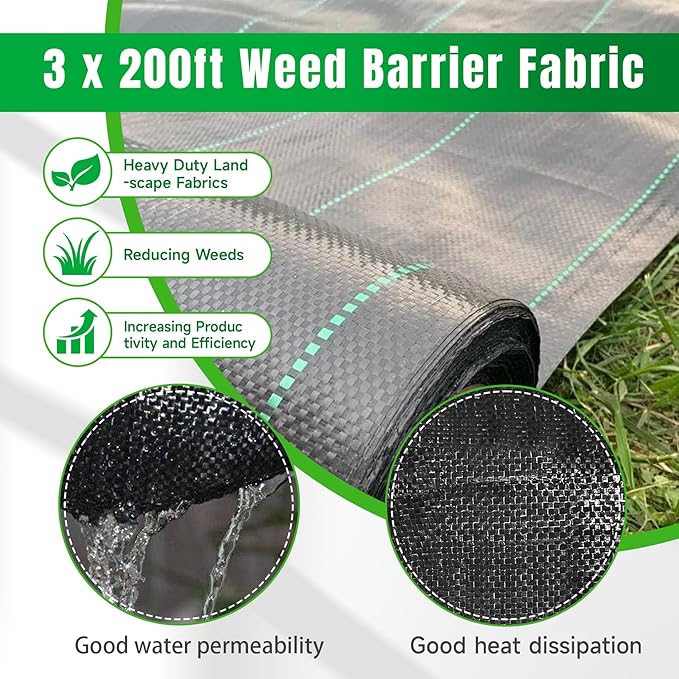 Weed Barrier Fabric Planting Cover - 3 x 200 FT Heavy Duty Landscape Fabric Ground Cover Block for Outdoor Planting