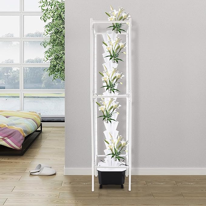 70-Pod Hydroponic Growing System with 8 Full-Spectrum LED Grow Lights 14-Tier Vertical Indoor Garden Tower Mobile Self-Watering Planter for Herbs Vegetables (White)