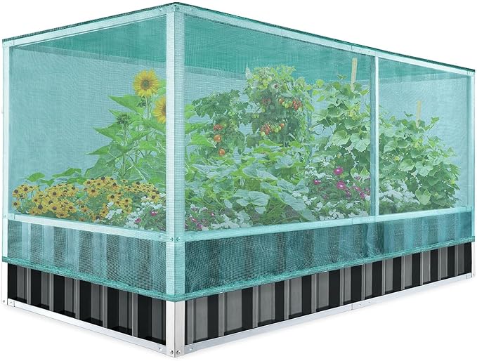 KING BIRD Raised Garden Bed with Garden Anti-Bird Protection Netting Structure Galvanized Steel Metal Planter Kit Box with 2 Pairs of Gloves Dark Grey 68 x 36 x 34.6