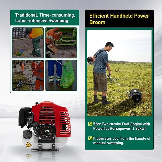 2.3HP 2 Stroke Gasoline Power Handheld Snow Sweeper Broom 52CC Gas Portable Artificial Grass Brush Power Broom Outdoor Handheld Turf Lawn Sweeper for Sweeping Patio Driveway Grass Snow Clean