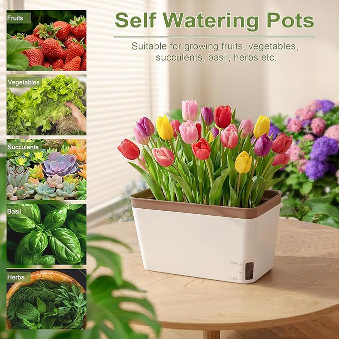 OurWarm Self Watering Pots for Indoor Plants 6 Pack 10.5 Inch Plastic Window Herb Planter Box with Water Level Indicator Modern Decorative Windowsill Planters for Herbs Flowers Seedlings