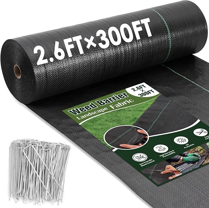 HongWay 2.6FT x 300FT Weed Barrier Fabric Garden Cloth Woven Landscape Fabric Heavy Duty with 120 U-Shaped Securing Pegs Lawn Weed Block Mat Ground Cover for Garden Beds Farming