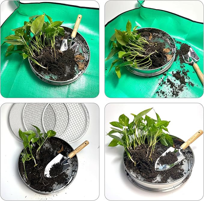Soil Sifter for Gardening 12 Inch Stainless Steel Soil Sifter with 4 Replaceable Fine Screens and Shovel Sieve for Sand Rocks Dirt Compost