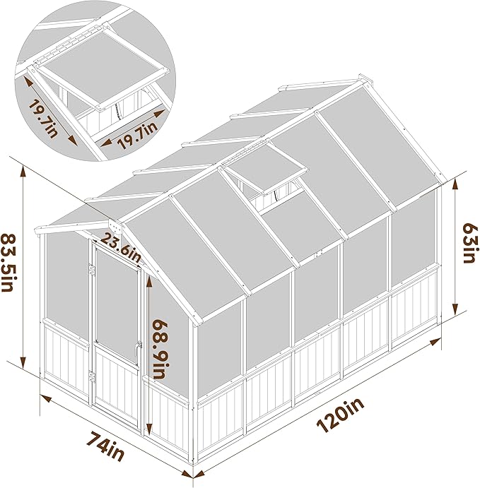 VEIKOU 6' x10' Wood Greenhouse for Outdoors with Lockable Door Cedar Frame &amp Adjustable Vent Wooden Green House with 6MM Thick Polycarbonate Panel for Garden Yard Light Brown Mocha
