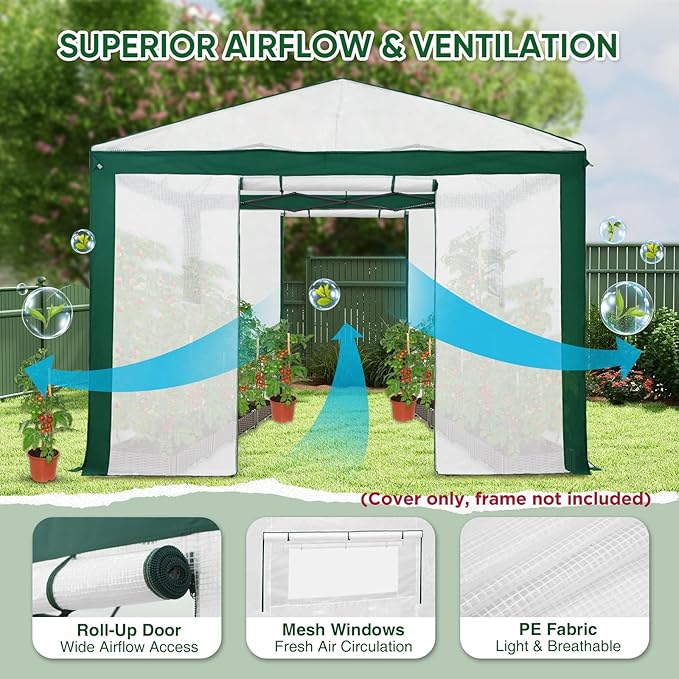EAGLE PEAK Replacement Cover for 10x10 Pop up Greenhouse with Polyester Reinforced Corners Front and Rear Roll-Up Zipper Entry Doors and 2 Large Roll-Up Side Windows (Frame Not Included) Green/White